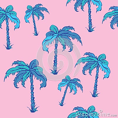 Seamless vector pattern of palms in cartoon style, neon colours Vector Illustration
