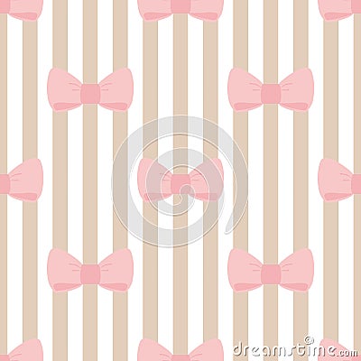 Seamless vector pattern with pastel pink bows on a light brown and white stripes background. Vector Illustration