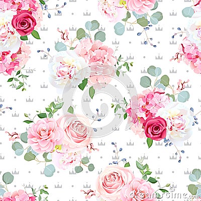 Seamless vector pattern with peony, rose, hydrangea and textured Vector Illustration