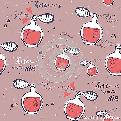 Seamless vector pattern with perfume. hand drawn bottles. Sketch. Beauty vintage glass. pink Vector illustration. for Vector Illustration