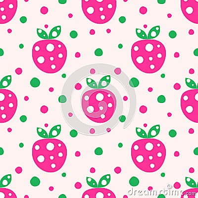 Seamless vector pattern with pink decorative ornamental cute strawberries and dots on the white background. Vector Illustration