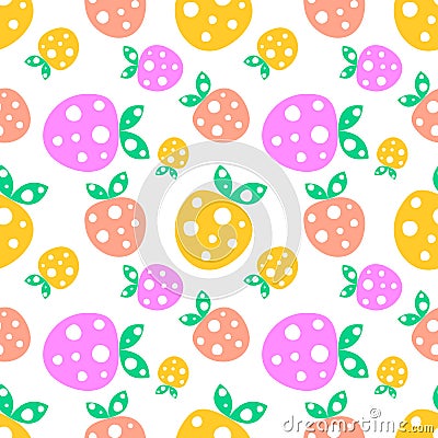 Seamless vector pattern with pink and yellow decorative ornamental cute strawberries and dots on the white background. Vector Illustration