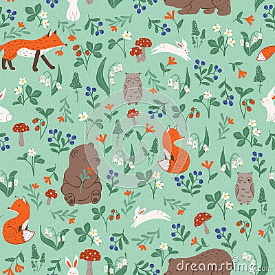 Seamless vector pattern, playful forest animals, mushrooms and wild berries Vector Illustration