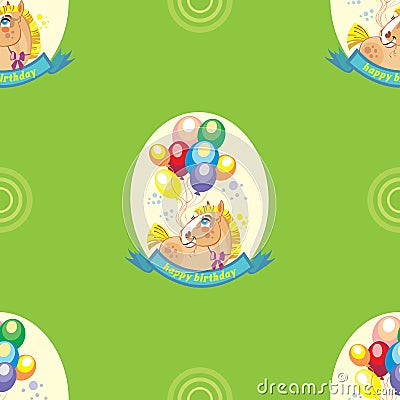 Seamless vector pattern with pony and balloons on green background Vector Illustration