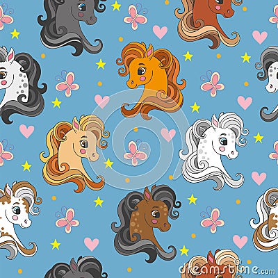 Seamless vector pattern with pony heads and flowers blue Vector Illustration