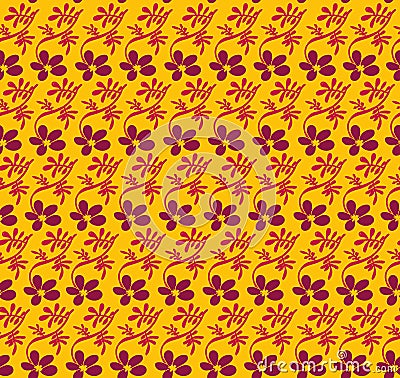 Seamless vector pattern with purple flowers and pink leaves on contrasting vivid yellow background Vector Illustration