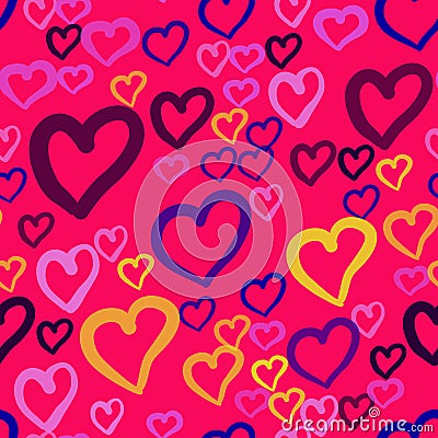 A seamless vector pattern with repeating hearts of different color on pink background. This romantic texture would be Vector Illustration