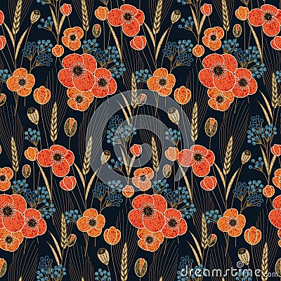 Seamless vector pattern with retro poppy and field flowers Vector Illustration