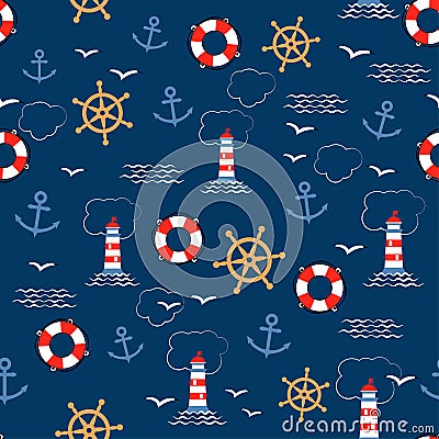 Seamless vector pattern with sea anchors, helms, lifebuoys, seagulls and lighthouses. Texture for wrapping paper, gifts Vector Illustration