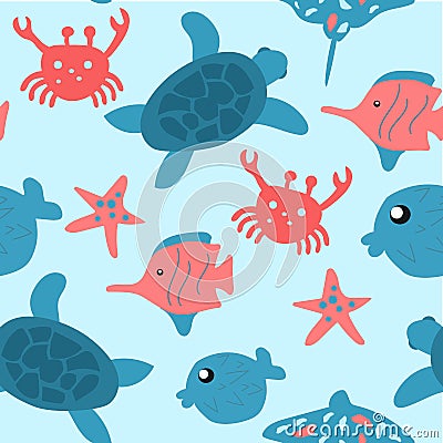 Seamless vector pattern with sea animals - fishes, turtle, starfish, rump fish, crab. For textile, clothes, sets of bed-linen, etc Vector Illustration