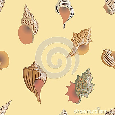 Seamless vector pattern Sea and river cockleshells of different types and forms. Vector Illustration