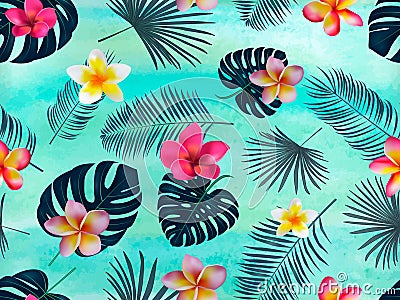 Seamless vector pattern with silhouette palm leaves and orchid on green background. Vector Illustration