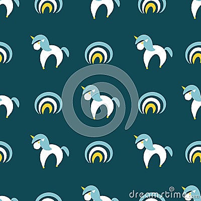Seamless vector pattern with simple unicorns and rainbowa on a dark teal background Vector Illustration