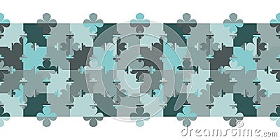 Seamless vector pattern of small and large four leaf clover symbols on checkered background. Green monochrome repeating geometric Vector Illustration