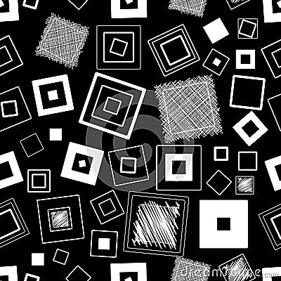 Seamless vector pattern. Squares and scribbles. Black and white Vector Illustration
