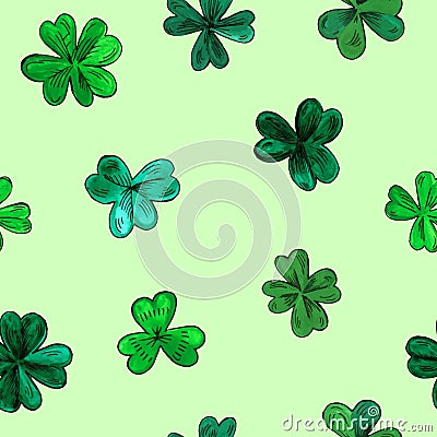 Seamless vector pattern for St. Patrick day. Hand drawn watercolor clover leaves on green background. Vector Illustration