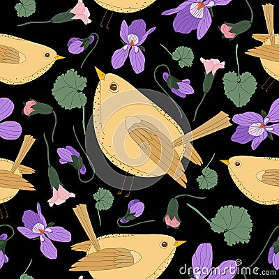 Seamless vector pattern with stylized yellow birds, violets and lungwort. Vector Illustration