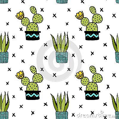 Seamless vector pattern with succulents: cactus, aloe, potted plants Vector Illustration