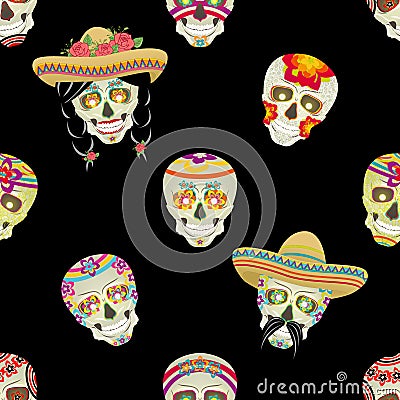 Seamless vector pattern. Sugar skull. Male Mexican black mustache with black hair gathered in pigtails Vector Illustration