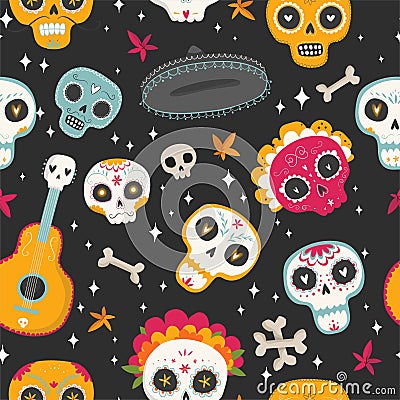 Seamless vector pattern with sugar skulls and flowers Vector Illustration