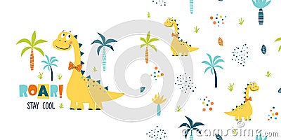 Seamless vector pattern and surface design with cute dinosaur Vector Illustration