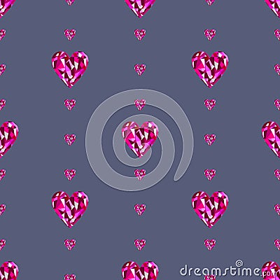 Seamless vector pattern, symmetrical background with bright pink gemstones in the shape of hearts Vector Illustration