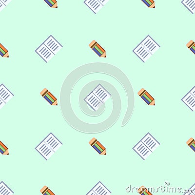 Seamless vector pattern, symmetrical background with colorful pencils and notepads, on the kight backdrop Vector Illustration