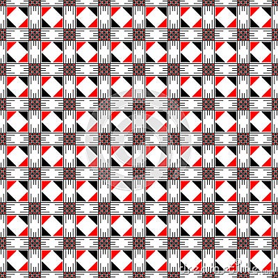 Seamless vector pattern. Symmetrical geometric abstract background with squares, rectangles and lines in black, white, red colors Vector Illustration