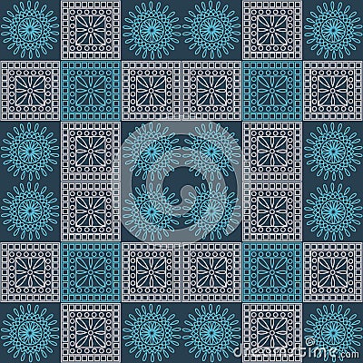 Seamless vector pattern. Symmetrical geometric background with blue and light pink squares and circles on dark blue backdrop. Deco Vector Illustration