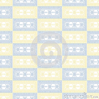 Seamless vector pattern. Symmetrical geometric background with blue and yellow squares on the white backdrop. Decorative ornament Vector Illustration