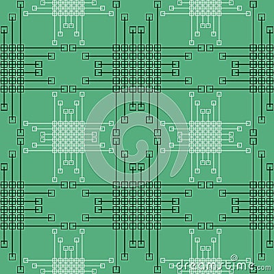 Seamless vector pattern. Symmetrical geometric background with green squares and lines. Decorative repeating ornament Vector Illustration