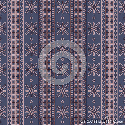 Seamless vector pattern. Symmetrical geometric background with squares and flowers on the dark blue backdrop. Decorative ornament Vector Illustration