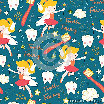 Seamless vector pattern Tooth fairy. Cute fairies with wand on blue background with teeth, toothbrush, stars and clouds Vector Illustration