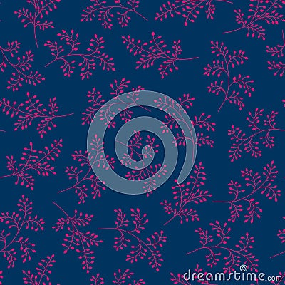 Seamless vector pattern, trend colors. Elegant branches with pink leaves on blue background. Vector Illustration