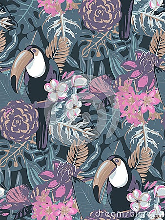 Seamless vector pattern with tropic bird toucan with exotic flowers and palm leaves. Vector Illustration