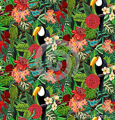 Seamless vector pattern with tropic bird toucan, parrots with exotic flowers and palm leaves. Vector Illustration