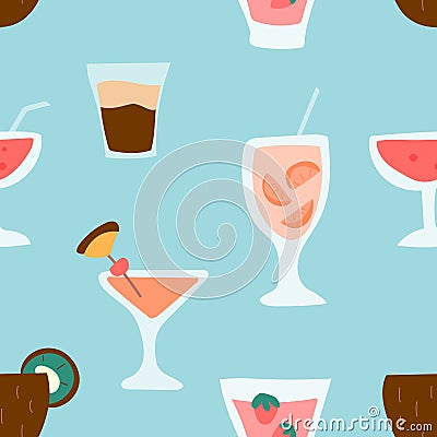 Seamless vector pattern of tropical cocktails. For decoration, graphic design, textile, menu, packages, etc Vector Illustration