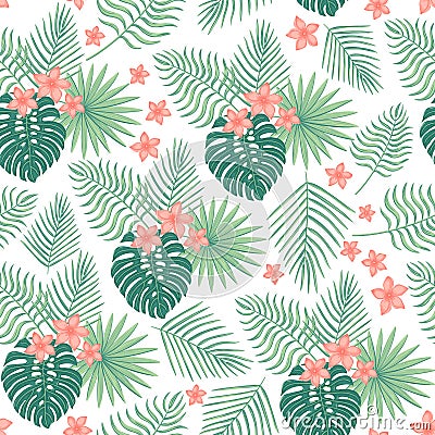 Seamless pattern with tropical leaves and flowers. Vector Illustration