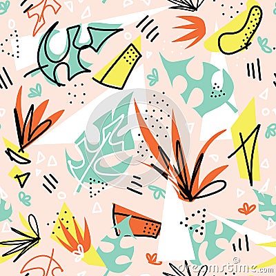 Seamless vector pattern tropical plants and shapes. Geometric shapes and monstera palm leaves repeating background Vector Illustration