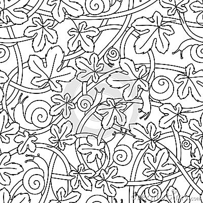 Seamless vector pattern from twisted branches, snails and leaves. Black linear pattern. Vector Illustration
