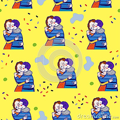 Seamless vector pattern with two embracing girls in a flat style. Colorul illustration with hugging women. Romantic pattern with Cartoon Illustration