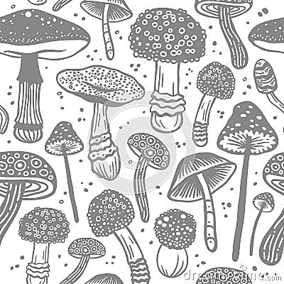 Seamless vector pattern of various dangerous mushrooms. Fantasy hand drawn concept of toadstools. Stylized image Vector Illustration