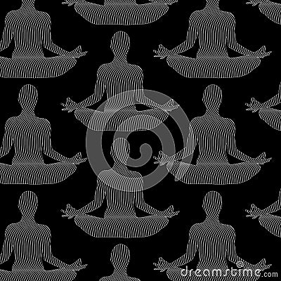 Seamless vector pattern with wavy line drawing silhouettes of yoga Vector Illustration