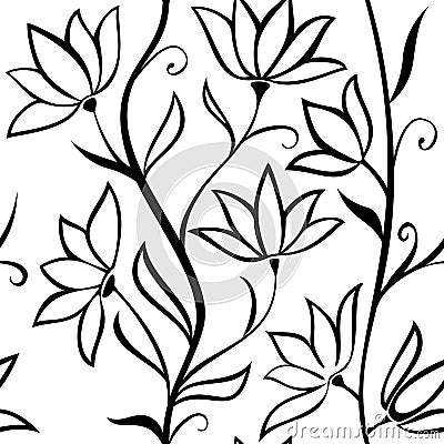 Seamless vector pattern. Wavy stems with flowers isolated on a white background. Vector Illustration
