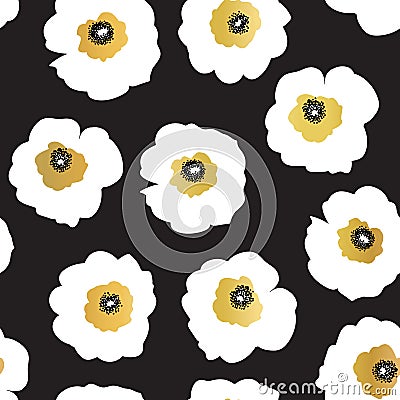 Seamless vector pattern white and golden flowers on a black background. Seamless floral pattern with faux gold foil Vector Illustration