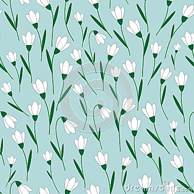 Seamless vector pattern with white snowdrop flowers. Vector Illustration