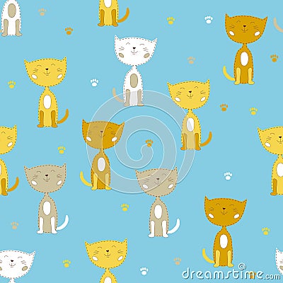 Seamless vector pattern with white and yellow cute little cats Vector Illustration