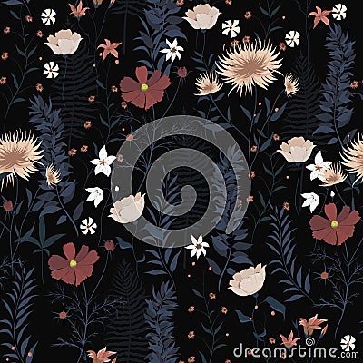 Seamless vector pattern with wild flowers, leaves, Vector Illustration