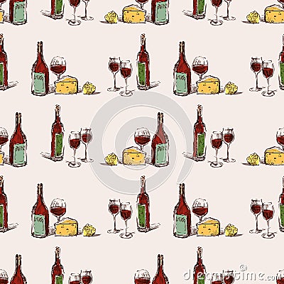 Seamless vector pattern of wine bottles, glasses,cheese and lemon sketches Vector Illustration