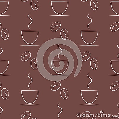 Seamless vector patterns with cups and cofee grains on the brown background Vector Illustration